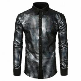 mens Shiny Lapel Shirts Sequin Casual Performance Clothing Shirt Carnival New Fi Lg Sleeve Male Shirts Steetwear Shirts B0at#