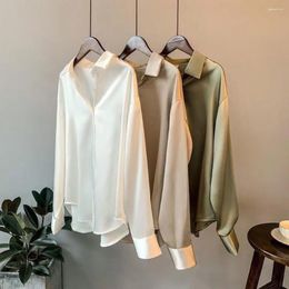 Women's Blouses Loose Fit Shirt Elegant Silky Satin Blouse With Turn-down Collar Long Sleeve For Formal Business Or Commute