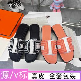 Designer Slippers 24 New Water Diamond Heavy Industry Womens Summer Outwear Fashion Size One Word Versatile Flat Bottom Cool Leather