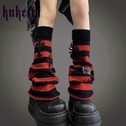 Harajuku Gothic Cross Spider Striped Leg Warmers Women Punk Rock Knitted Socks Japanese Knee Sleeve Foot Cover Streetwear 240315