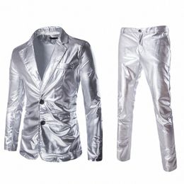 fi Reflective Fabric Two Piece Suit Male Autumn Plus Size Shiny Sier Casual Suit Set Men Slim Fit Suit Blazer 2 Piece Set O5v4#