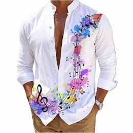 Sommer 2024 Herrenhemd Lg Sleeve Musik Note 3D Gedruckt Stehkragen Einreiher Strickjacke Hawaiian Casual Herrenhemd 6XL W3jf #