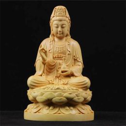 Sculptures Wood Carving Guanyin Bodhisattva Figurine Buddha Sculpture Lucky Crafts Avalokitesvara Statue for Home Living Room Decoration