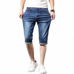 mens Short Jeans Summer New Bermuda Casual Stretch Blue Knee Length Cropped Pants Slim Male Denim Shorts 560u#