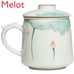 Mugs Hand Painted Pink Lotus Tea Cup Simple Water Ceramic Household Office Mug With Strainer