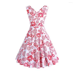 Casual Dresses 2024 Arrival 1950S Hepburn Style Women's Vintage Dress V-neck Sleeveless Sunflower Print Evening Party Clothes