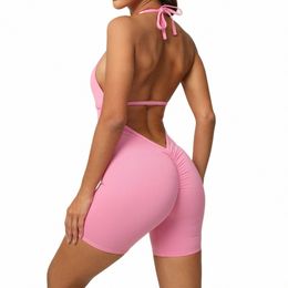 sexy Backl Tight Scrunch Fitn Overalls Turns Butt Playsuit Women Romper Summer Pink Yoga Jogging Sports Short Jumpsuit Red r4us#