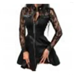 Casual Dresses Fashion Women Lace Long Sleeve Zipper Pocket Large Hem Faux Leather Mini Dress Party Elegant Slim Sexy