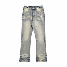 wed Mud Yellow Denim Pants Mens High Street Scratch Loose Flared Pants Men Distred Jeans k0C2#