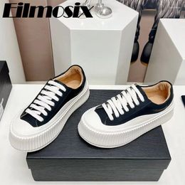 Casual Shoes Thick Sole Lace Up Lovers Women 2024 Round Toe Real Leather Height Increasing Sport