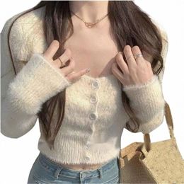 women Furry Knitted Lg Sleeve Cropped Cardigan Top Sexy Square Neck Butt Down Solid Color Fit Knitwear Sweater S33w#