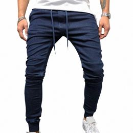 casual Men Jeans Drawstring Solid Colour Denim Mid Waist Ankle Banded Pencil Trousers Plus Size Men Denim Pants pantales hombre 57AA#