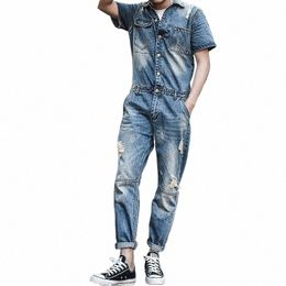 japan Retro Mens Overalls Short Sleeved One Piece Denim Pants Casual Wed Jeans Jumpsuits Butt Classic Hole Ripped Trousers z1ZU#