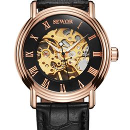 Sewor Men's Semi Automatic Hollow Bottom Belt Manual Mechanical Watch 01