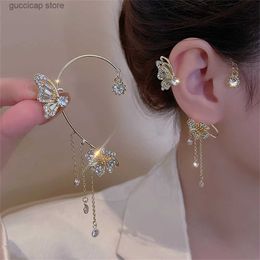 Charm Sparkling zircon butterfly earrings with golden tassel clip cuffs suitable for womens Korean style copper earrings unperforated Jewellery Y240328