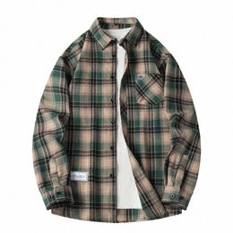 men Shirt Plaid Flannel Lg Sleeve Green Loose Mens Casual Shirt Spring Autumn Oversized Busin Male Soft Dr Shirt f65t#