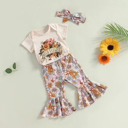 Clothing Sets Miolasay Infant Baby Girls Clothes Set Short Sleeve Letter Print Romper Top Flare Pants With Head Band Outfits