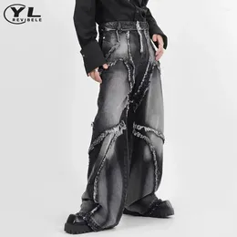 Men's Jeans Industry Washed Distress Man American High Street Baggy Tassels Cowboy Pants Unisex Casual Gothic Wide Leg Denim Trousers