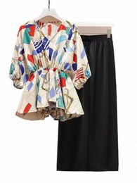 2024 Spring New Woman Pant Set Femel Clothing Two-piece V-neck Bat Sleeve Elastic Waist Colour Block Printed Top Wide Leg Pants s0tT#