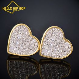 Hello hip-hop 14MM Heart Screw Back Stud Earring Iced Out Cubic Zirconia Men Women Earring Hip Hop Jewellery Best Gift