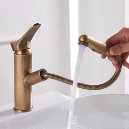 Bathroom Sink Faucets Basin Brass Gold Pull Out Faucet Swivel Single Handle Spout Deck Mounted Vessel Mixer Water Tap Antique