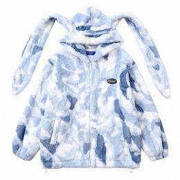 faux Rabbit Fur Jacket Men Winter Winter Fleece Cute Rabbit Ears Hooded Coats Warm Tie-dyed Jackets Autumn Winter Outwear Street W9Ae#