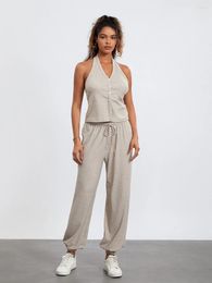 Home Clothing Kimydreama Women S 2 Piece Lounge Set Sleeveless Halter Neck Button Up Vest Tops Casual Drawstring Pants Sleepwear