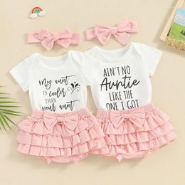 Clothing Sets Baby Girl Summer Shorts Set Short Sleeve Letter Romper Elastic Waist Frill Trim Headband Toddler 3 Piece Outfits
