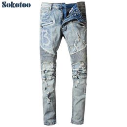 Men's Jeans Sokotoo mens retro light blue eyelet torn motorcycle jeans casual pleated torn tight fitting pants J240328