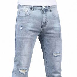 summer Fiable Korean-style Designer Stretchy Designer ripped hole Blue Denim Stylish Slim-fit Thin Boyfriend Jeans for Men o3rJ#