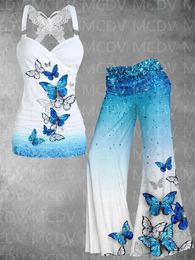 Womens Butterfly Floral Art Casual Tank Top 3D All Over Printed Women Sexy TopFlare Wide Leg Pants 240326