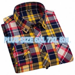 plus Size 7XL 8XL New Men's Shirt Lg Sleeve 100% Cott Autumn Spring Purple Plaid Fi Slim Fit Dating Casual Check Shirt I6HQ#