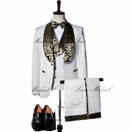 white Men's Suit Wedding Groom Tuxedo Brzing Collar Jacket Pants Vest Three-piece Set Formal Party Dr XS-5XL M3Uz#