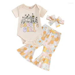 Clothing Sets Baby Girls Summer Outfit Short Sleeve Letters Print Romper With Flower Pants And Headband