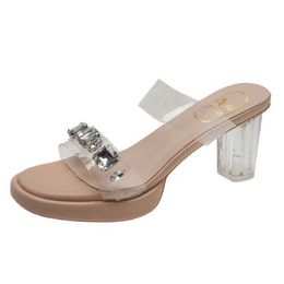 Slippers Short and Fat Platform High Heel Sandals for Womens Summer 2023 Shiny Crystal Transparent PVC Thick Party Shoes H240328W40J