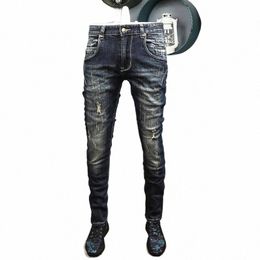streetwear Fi Men Jeans Retro Black Blue Slim Ripped Jeans Men Trousers Spliced Designer Vintage Casual Denim Pants Hombre l0fg#