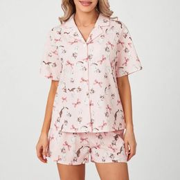 Home Clothing Women's Summer Pyjama Set Lapel Neck Short Sleeve Button Down Tops Elastic Waist Shorts Bow Print 2 Piece Lounge Outfits