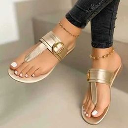 Sandals 2022 New Summer Womens Fashion Leisure Beach Outdoor Flip Metal Decoration Flat Shoes Large Size 35-43 H240328OMX7