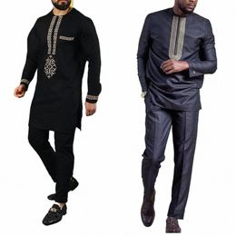 Marca New Homem Africano Outfit Set Bordado Tops Design Impresso Conjuntos Masculinos Camisa Com Calça Africano Fi Estilo Étnico Ternos 64Cr #