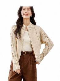 vimly Apricot Full Zipper Stand Collar Knitted Cardigans Women 2024 Spring Fi Casual Soft Short Thick Sweater Coat 72771 r7L4#