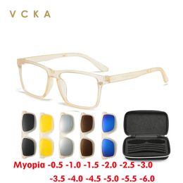 VCKA Square Women Myopia Sunglasses Magnetic Clip Glasses Men Polarized Transparent Tea Frame Prescription Eyeglass -0.5~-6.0 240323
