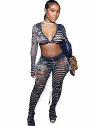 weird Puss Sexy See Through Women 2 Piece Set Drag Print Midnight Knot Low-Neck Crop Tops+Leggings Clubwear Matching Outfits G0vk#