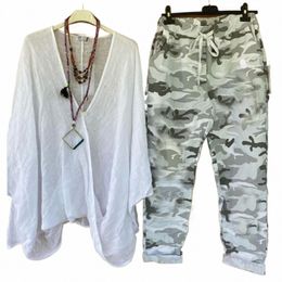 2pcs Women Tops Pants Set Vintage Print Loose V-neck Baggy Loose T-shirt Camoue Lg Pants Plus Size Cott Linen Outfits G7UA#