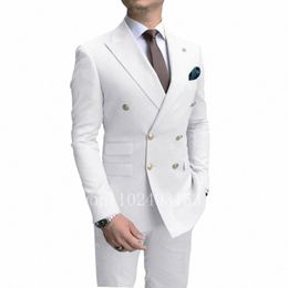 new Fi White Male Suits Slim Fit 2 Pieces Double Breasted Elegant Formal Best Men Male Wedding Suits Set Costume Homme w130#