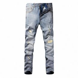 fi Vintage Men Jeans Retro Light Blue Stretch Elastic Slim Fit Ripped Jeans Men Patched Designer Casual Denim Pants Hombre h1rR#