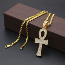 Egyptian Cross Pendant Full CZ Crystal Bling Out Gold Silver Plated Necklace Jewelry with 3mm 24inch Cuba Chain lbd3001