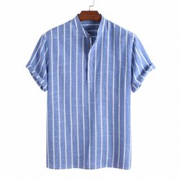 cott Linen Shirt Men's Summer Short-sleeved Striped Shirts Solid Color Turn-down Collar Casual Beach Style Blouse Top Pullover Q6hq#