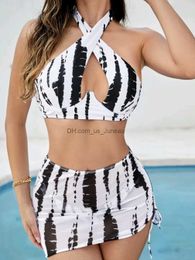 Women's Swimwear Push Up Thong Bikini 2022 Women Halter Swimwear Female 3 Pieces Swimsuit With Skirt Beach Wear Printed Bathing Suit Summer T240328