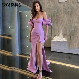 Elegant Boat Neck Prom Dress Sleeveless High Split Satin Gown For Women Floor Length Sweep Train Gown Custom Made