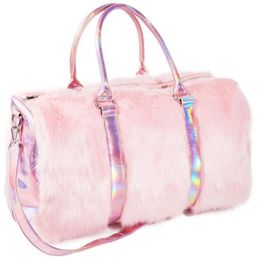 Evening Bags Soft Rainbow Handbags Faux Fur Women Tote Large Capacity Laser Symphony Pink Shoulder Boston Bag HIgh Quality215J